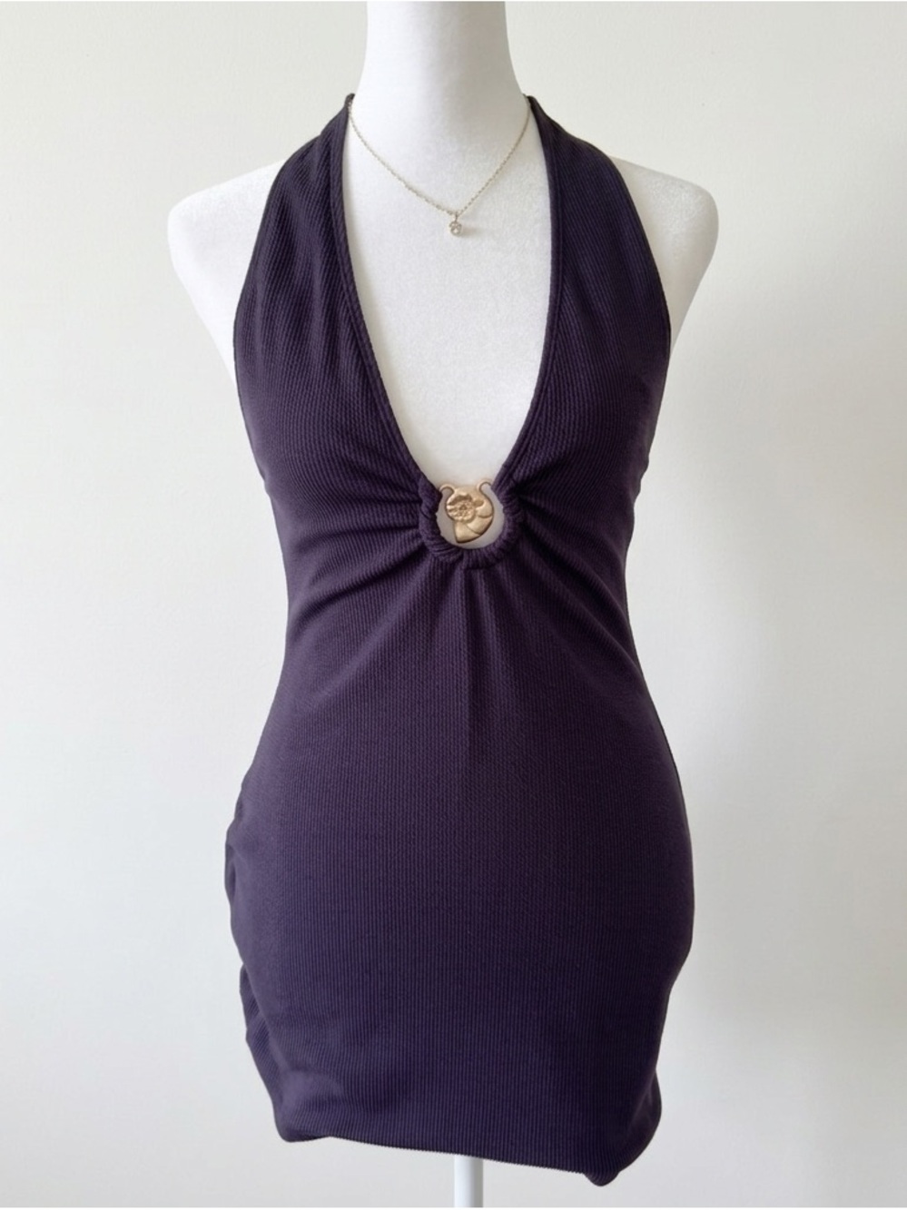 Navy Halter Mini Dress Plunging V Neck Gold Shell Detail Bodycon Dress